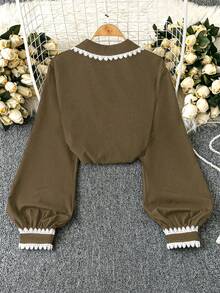 Rometta Camisa con botones y volantes de color contrastante para mujer talla grande - Marrón - Ver 2