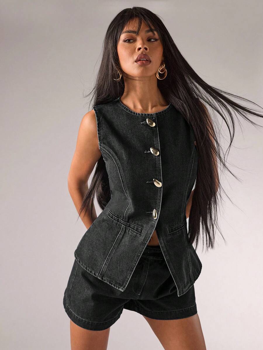 SHEIN BAE Áo sơ mi denim nữ màu trơn cổ tròn không tay cài cúc phía trước - màu đen - Xem 1