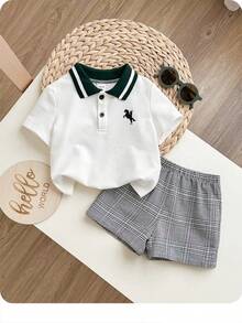 男婴可爱学院风休闲针织Polo衫和格子裤套装 - 彩色 - 查看 1