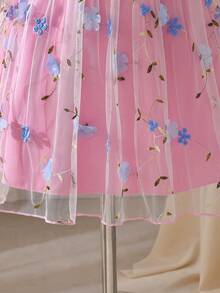 SHEIN Glamorique Kids 少女优雅吊带荷叶边短袖刺绣网纱层叠A字公主裙，适合节日派对、生日礼物、度假、夏季穿着 - 粉色 - 查看 7