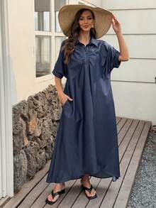 Vivie Lora Women's Loose Fit A-Line Midi Dress With Shirt Collar And Half-Placket - Blue - View 4