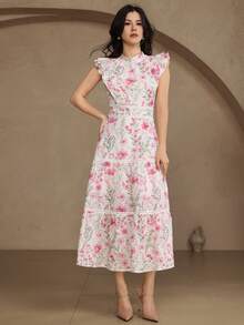 DAZY Elegant blommig spetsklänning med volangkrage och mellanlång krage för kvinnor, vår-/sommarklänning för bröllopsgäster, sommarklänning - Rosa - Visa 3