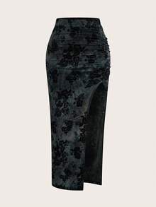 Sweetra Romantic Birthday, Vacation, Elegant, Original New Chinese Style Deep Gray Tie-Dye Bodycon Skirt With Front Side Slit And Pleated Waist, Sexy Slim Fit Pencil Skirt, Casual Daily Wear Maxi Women - Multicolor - View 1
