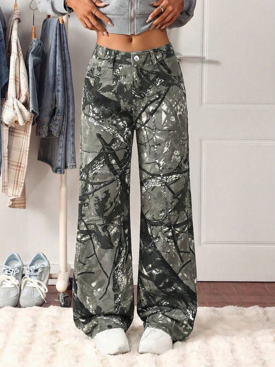 SHEIN Tall Quần jeans ống đứng cạp cao in họa tiết lá phong rằn ri, đã qua xử lý giặt, màu bạc. - Nhiều màu - Xem 1