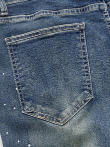 ROMWE MEN Men's Sparkling Diamond Washed Layered Slant Pocket Jeans Spring/Summer - Blue - View 5