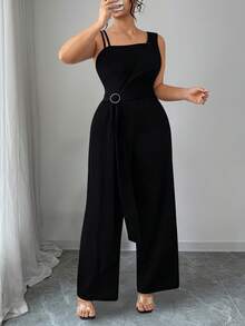 Elenzga Plus Size Women Elastic Knit Jumpsuit Pants, Metal Buckle, Asymmetric Design - Black - View 8