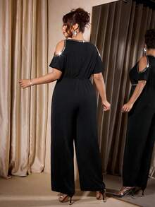 Cravure 大码优雅显瘦性感派对晚宴鸡尾酒会露肩镂空亮片装饰短袖连体裤 - 黑色 - 查看 3