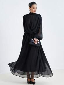 Aveloria Modichic New Arrival Fashionable Elegant Women's Stand Collar Semi-Sheer Pleated Dress - Black - View 5