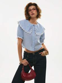 Poéselle Women's Contrast Lace Blue And White Stripe Cotton Blouse,Cottage Core Front Tie Puff Sleeve Cropped Summer Top For Date Night,Elegant Vacation Beach - Blue - View 6