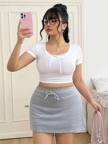 CovetEZ 大码女式纯色抽绳腰带口袋休闲日常短裙 - 灰色 - 查看 6