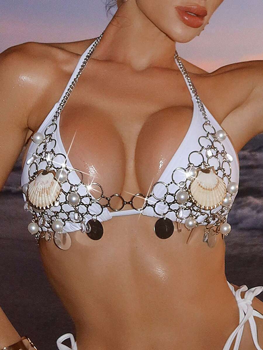 Swim SXY Summer & Autumn New Shell Pearl Bralette Top, Sexy & Fashionable Design For Music Festivals, Bohemian Style Women Coverup - Silver - View 1