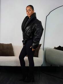 SAYEHFBABY 加厚翻领仿皮外套，适合夜间外出、秋季、冬季、返校季、日常穿着、圣诞派对、优雅晚宴等场合。 - 黑色 - 查看 4