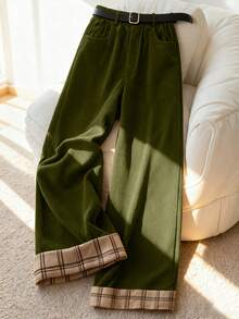 Franclia Quần dài cỡ lớn mùa thu/đông có túi, chất liệu vải nhung kẻ với thắt lưng phối nhiều mảnh. - Màu xanh Ô liu - Xem 1