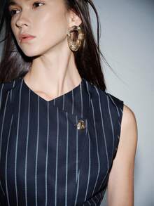 Lumivelle Women's Navy Blue & White Striped Sleeveless Cropped Top With Metal Buckle Waist Belt, Minimalist Design, Slim Fit, Commuter Style - Navy Blue - View 5