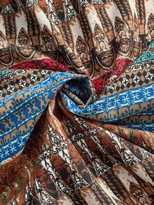 Ceyna Boho Style Plus Size Long Coat In Colorful Woven Fabric With Random Print And Split Hem - Multicolor - View 7