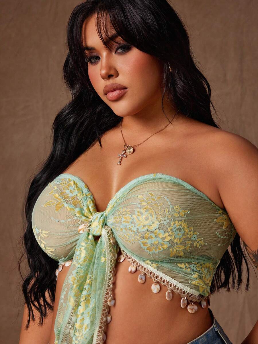 Rustia Áo croptop cỡ lớn kiểu dáng gợi cảm với tua rua và họa tiết xoắn phía trước. - Nhiều màu - Xem 1