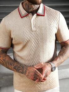 EGENSIO 男士纯色纹理平针织杏色 Polo 衫 - 杏色 - 查看 1