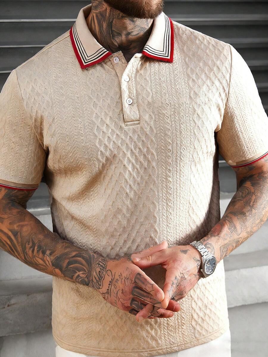 EGENSIO 男士纯色纹理平针织杏色 Polo 衫 - 杏色 - 查看 1