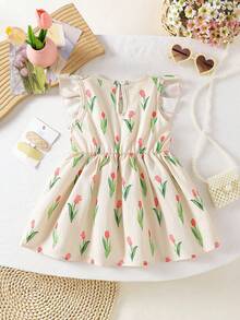 SHEIN Vintaside Kids 1件女婴可爱休闲紫色郁金香图案蝴蝶结装饰连衣裙，适合夏季、户外和度假穿着。 - 彩色 - 查看 2