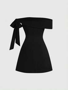 Sweetra Vestido elegante y sexy de hombros descubiertos con detalles de diseño, favorecedora, adecuado para primavera y otoño - Negro - Ver 2