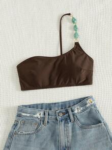 Swim Chiccia Women's Shimmery Brown One Shoulder Beaded Fashion Elegant Women's Top For Beach, Spring/Summer Music Festival - Brown - View 5