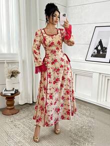Yasmyna 女士印花方领喇叭袖腰带设计优雅阿拉伯连衣裙