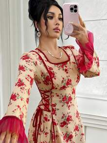 Yasmyna 女士印花方领喇叭袖腰带设计优雅阿拉伯连衣裙