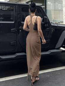 DAZY Đầm maxi ôm sát cổ chữ V dành cho nữ, thích hợp cho mùa xuân hè. - Màu Khaki - Xem 2