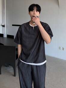 DAZY 男士短袖T恤和裤子套装，黑色二合一设计，春夏款 - 黑色 - 查看 8