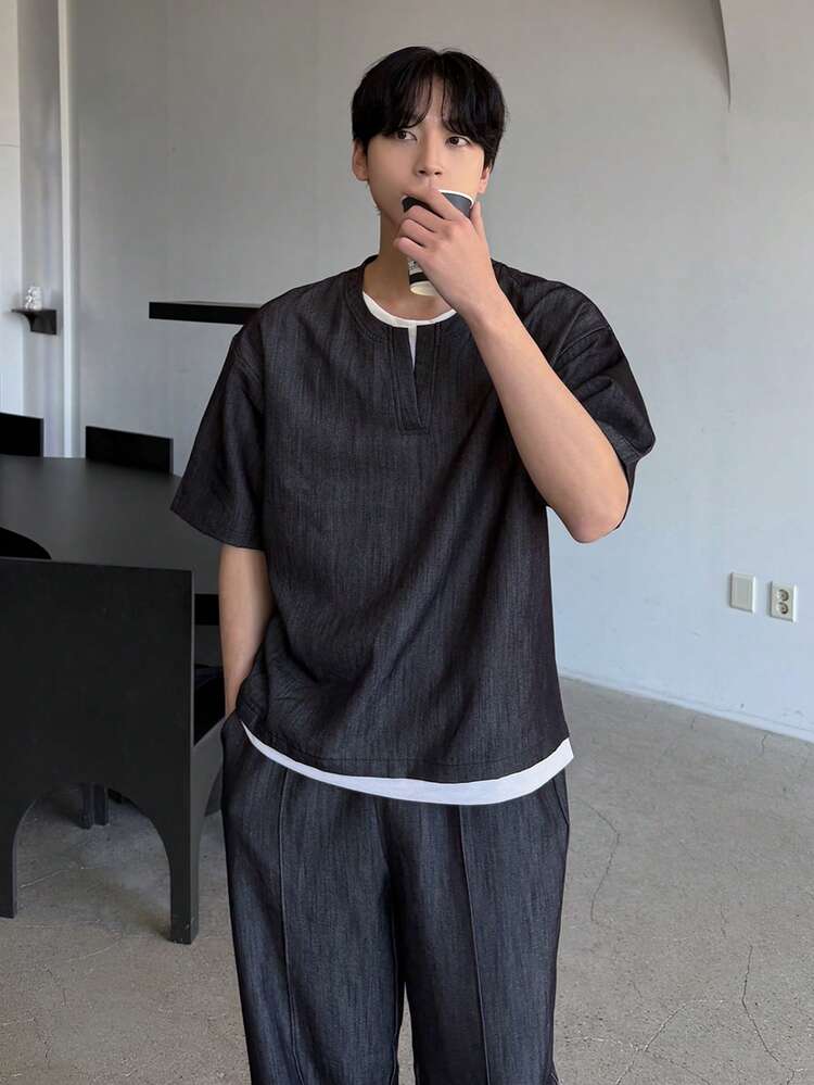 Men's Short Sleeve T-Shirt And Pants Set, Black 2 In 1 Design, Spring/Summer