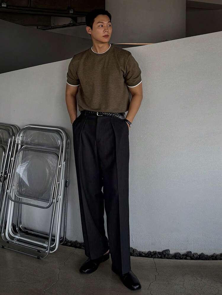 Men's Solid Color Crew Neck Brown Knit Sweater, Summer