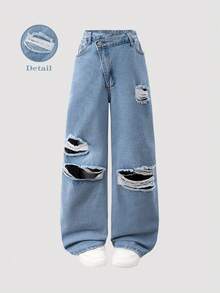 SHEIN ChillGRL 少女牛仔裤，Y2K 复古风，休闲舒适，不对称腰线设计，宽松版型，适合春、夏、秋、冬四季穿着，户外、日常、上学、通勤、派对、返校季等场合，新款上市 - 淺色水洗藍 - 查看 3