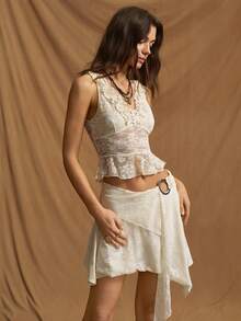 SHEIN ICON 2pcs/Set Y2K Women's Boho Beige Goth Lace Sleeveless Top And Low Waist Skirt - Brown - View 3