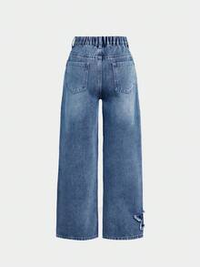 SHEIN Girlism Tween Girls Y2K Spring And Summer Boho Star Patched Faded Frayed Boyfriend Baggy Straight Leg Denim Jeans, Kid's Clothing Outfits - Dark Wash - View 2