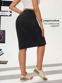 Flexra Women's A-Line Casual Slit Slim Denim Skirt - Dark Grey - View 2