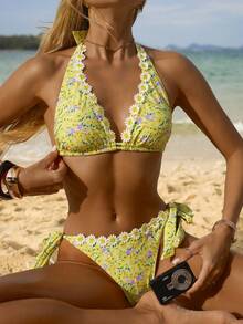 Swim Mod Women's Summer Beach Casual Vacation Ditsy Floral Ruffle Trim Bikini Set - Multicolor - View 8