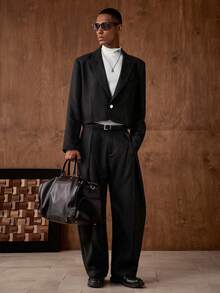 AKNOTIC 男士纯色通勤西装套装 - 圣诞派对宴会商务休闲外套和裤子两件套，男友礼物节日服装男士西装男士晚宴服装男士双排扣西装男士两件套翻领男士黑色西装套装男士双排扣西装男士黑色西装套装男士S码三件套西装 - 黑色 - 查看 5