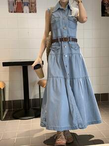 DAZY Women's Casual Washed Pocket Lapel Sleeveless Denim Dress, Summer - Blue - View 6