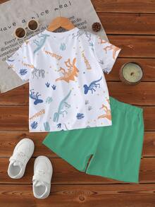 一套男婴休闲卡通恐龙印花短袖圆领T恤和短裤套装，恐龙主题服装，适合夏季户外穿着 - 彩色 - 查看 2