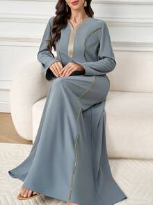 Al Najma Đầm dài tay cổ chữ V thanh lịch kiểu Ả Rập dành cho nữ, viền ruy băng. - màu xanh lá - Xem 6