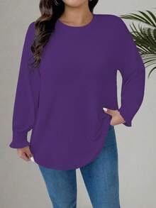 EMERY ROSE Plus Size Women Knitted Crew Neck Cable Sleeve Casual Shirt Plus Size Oversized T Shirt Plus Size Long Sleeve - Purple - View 1