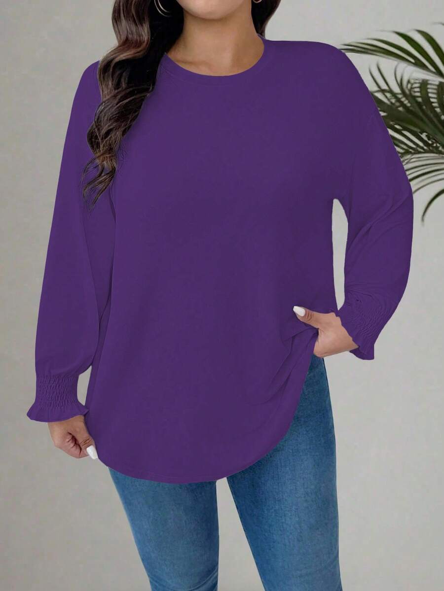 EMERY ROSE Plus Size Women Knitted Crew Neck Cable Sleeve Casual Shirt Plus Size Oversized T Shirt Plus Size Long Sleeve - Purple - View 1