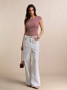 Poéselle 女士条纹罗纹针织T恤，红白条纹，Y2K时尚，休闲沙滩装，条纹圆领短袖修身休闲百搭T恤 - 彩色 - 查看 6