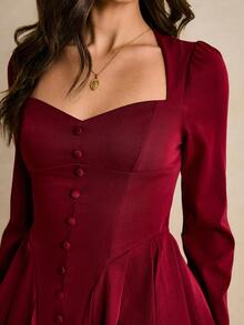 Poéselle Women's Elegant Solid Color Sweetheart Collar Mini Dress Valentine's Day Outfit Women's New Arrivals For New Year & Spring Wine Dress Red Dress Women Elegant Women Mini Dresses Pleated Dress - Burgundy - View 7