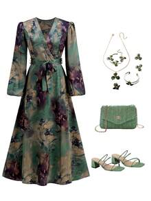 Ellevyn Women's Elegant Green Floral Print V-Neck Lantern Sleeve Wrap Dress,Autumn Long-Sleeved Fitted Waist Silk Acetate Robe For Party,Tea Party & Weddings - Dark Green - View 3