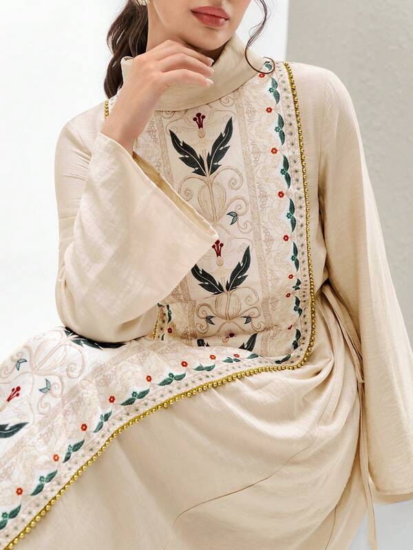Al Najma 女士优雅印花拼接串珠装饰阿拉伯风格连衣裙