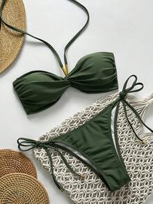 Swim Chiccia 女士纯色挂脖系带性感比基尼泳装套装，夏季沙滩 - 綠色 - 查看 1