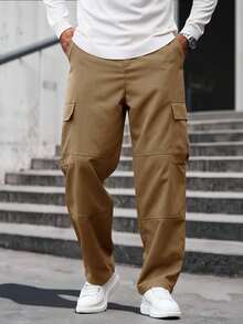 Manfinity Homme Men's Khaki Solid Color Cargo Pocket Straight Leg Casual Pants,Streetwear Autumn Work Cargo Sweatpants For Men - Ginger - View 4