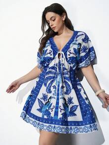 Maija 大码女式度假棕榈树印花前系带蝙蝠袖性感休闲连衣裙，适合都市通勤、商务、休闲、夏季、情人节等场合。 - 藍色 - 查看 3