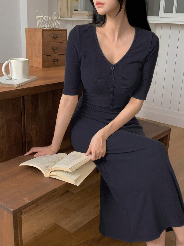 Minimalist Knit Fitted Long Dress, Women's Autumn/Winter Loungewear